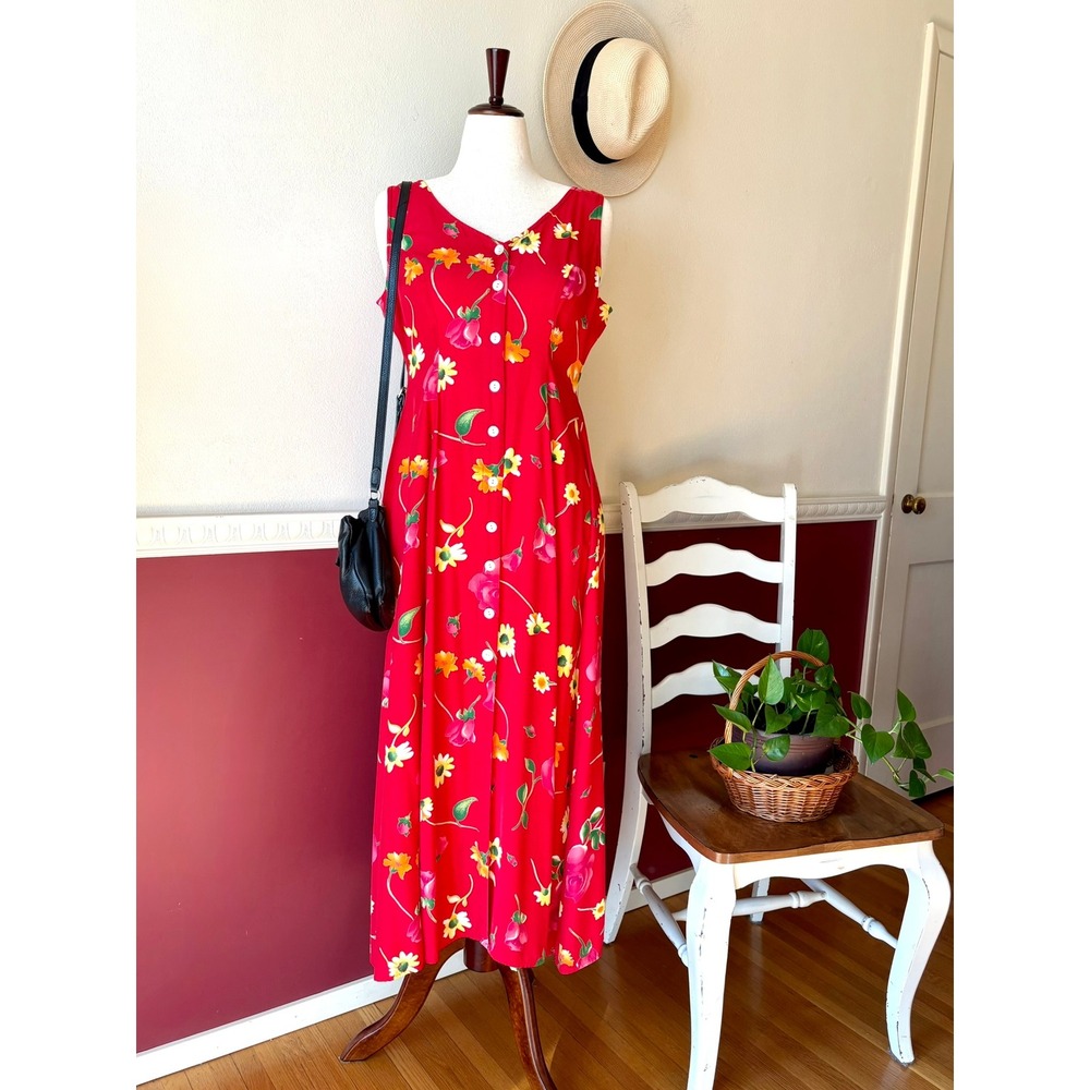 Vintage Express Red Floral Maxi Dress 90s Rayon Button Front Size 9/10‎ Summer